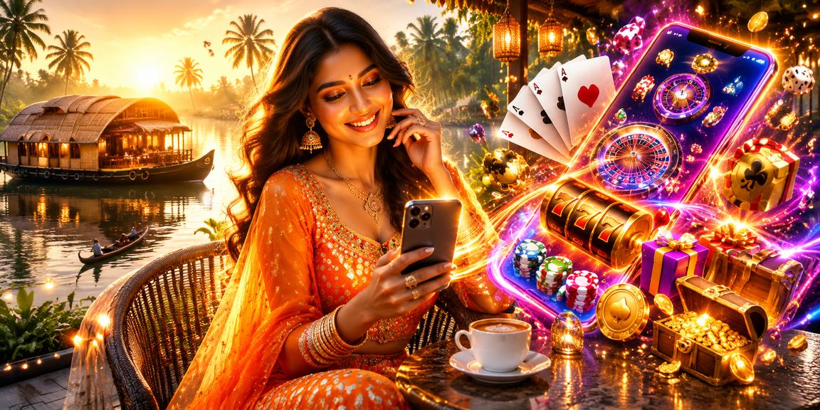 Serene Kerala backwaters with digital casino app illustration